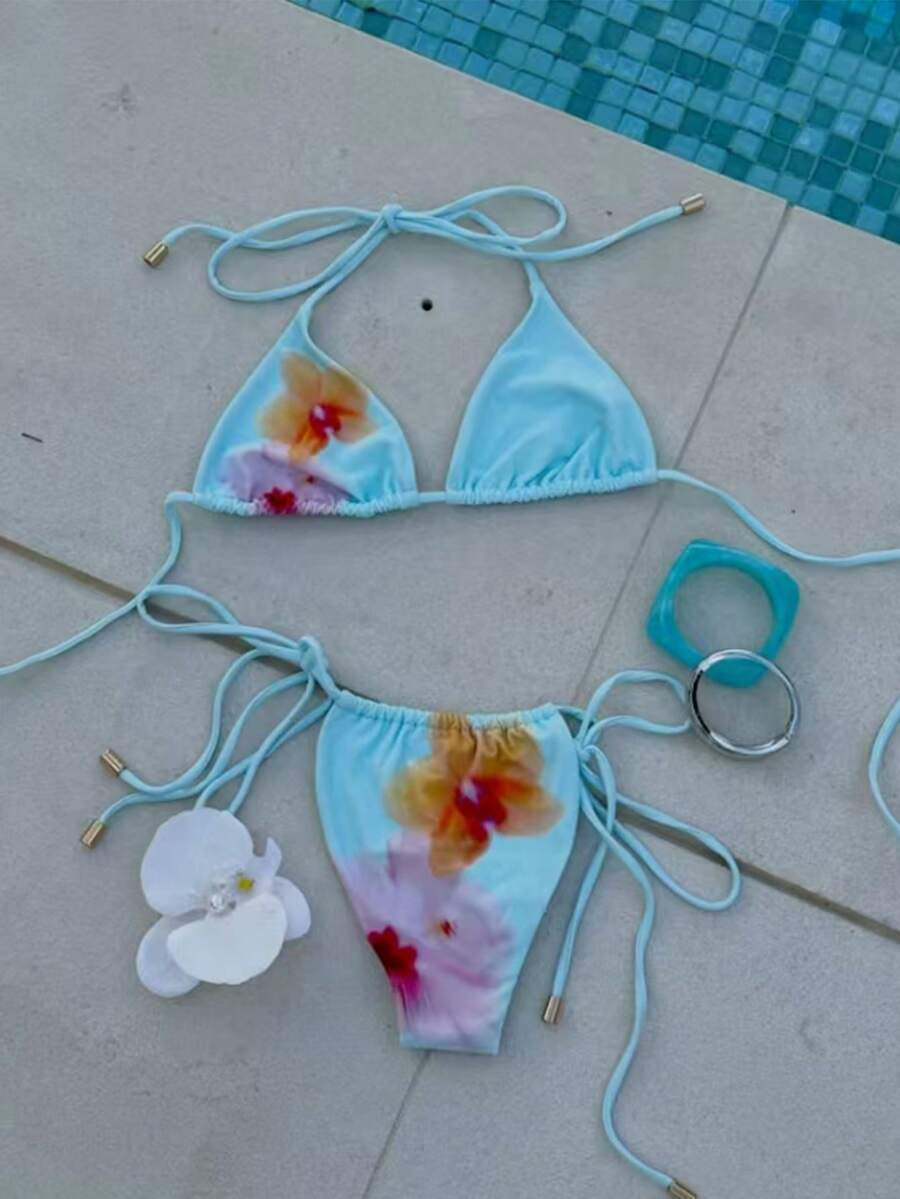 Women's Light Blue Patchwork Tropical Floral Bikini, Halter Tie Sexy Beach Vacation Two Pieces Swimsuit, 2026 Spring/Summer - Multicolor - View 1
