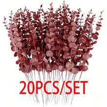 20/30 Pcs Artificial Eucalyptus Stems, Fake Green Eucalyptus Branches, Eucalyptus Leaves Decor, Faux Eucalyptus Stems With Fake Leaves For Vases, Wedding Bouquets, Home Decor - Burgundy - View 9