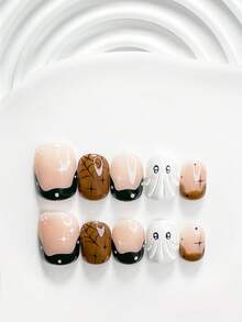 10pcs Halloween Theme Handmade Press-On Nails, Latte Style Poly Gel Nail Set, Ghost White Nail Polish, Vintage Sweet Cool Style, Includes Nail Tools, 3 Sizes Available, Square/Short Square/Almond Shape, Suitable For Party, Dancing, Daily Wear - Multicolor - View 15