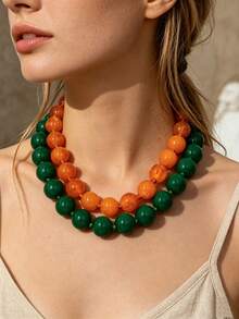 OABE 2pcs/Set Kalung Manik-Manik Berlapis Dua Warna Hijau Dopamin & Oranye Gaya Bohemian untuk Pemakaian Sehari-hari Wanita - MultiWarna - View 8
