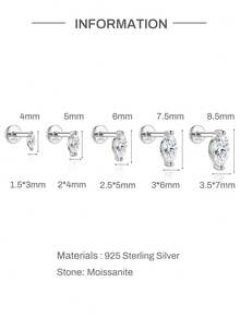 AnlaScheer 1pc S925 Sterling Silver Marquise Moissanite Flat Back Stud Earrings, Multiple Sizes, Silver Fine Jewelry For Women, Suitable For Daily Wear, Party, Date, Gift - Silver - View 7