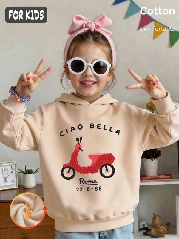 هودي خريفي للبنات بطبعة دراجة نارية حمراء CIAO BELLA، بلوزة بيضاء بأكمام طويلة للأطفال