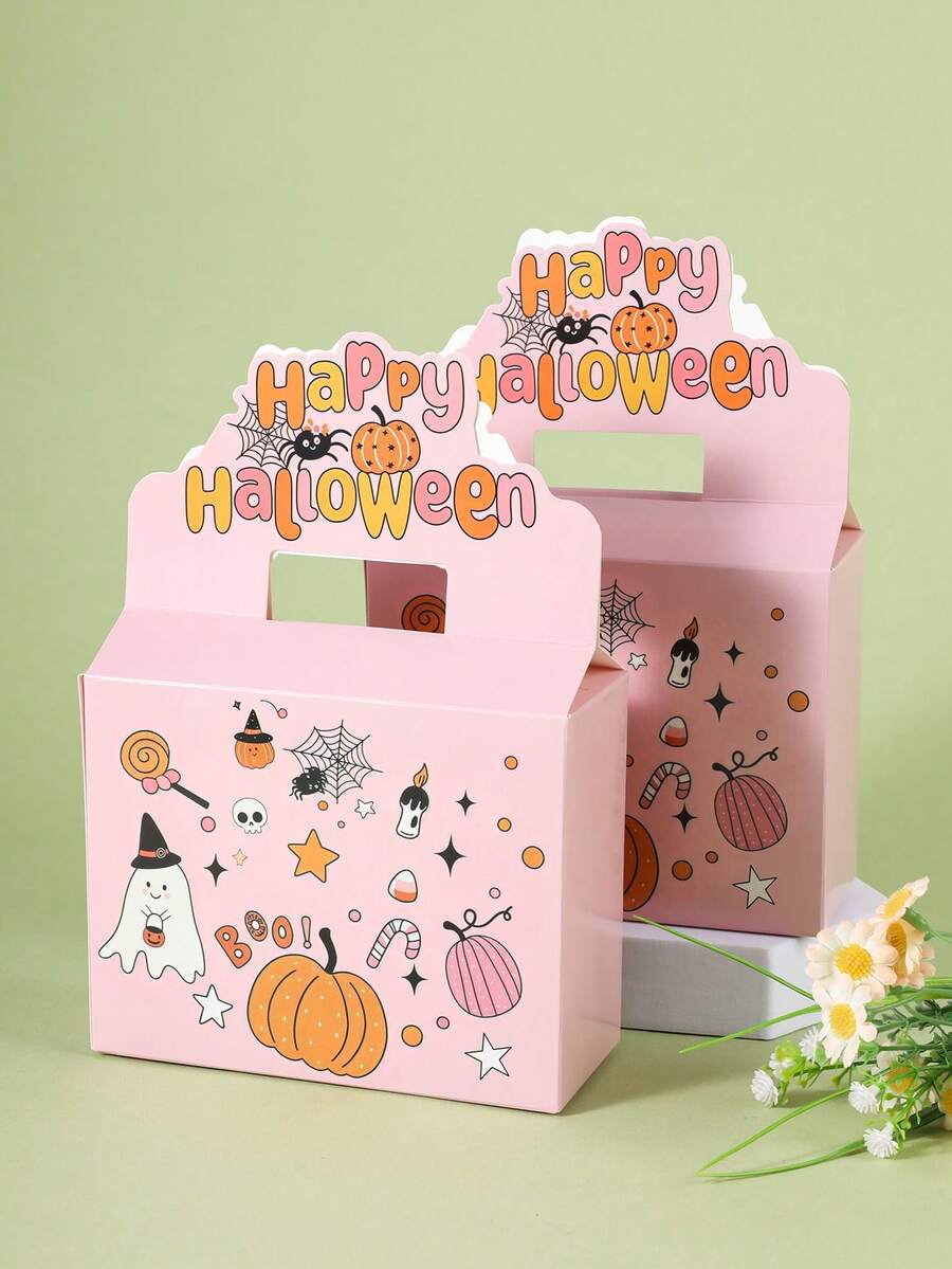 2/4/6/8/12pcs Halloween Paper Gift Boxes, Pink Pumpkin & Bat Pattern Rectangular Candy Boxes With Handles, Cute Candy, Cookie, Snack Packaging Boxes For Halloween Party Favors, Trick Or Treat Candy Bags - Multicolor - View 1