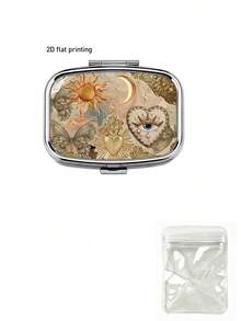 Square Metal Portable Jewelry Box With Classical Sun And Moon Patterns, 2-Compartment Organizer, Vintage Pattern Jewelry Storage Box, Suitable For Vitamins, Earrings, Rings, Travel Bag Pocket Storage, Ideal For Daily Use, Weekend Trips, Wedding Occasions, Outdoor Carry, Birthday, Bridesmaid, Jewelry Lover Gifts - Multicolor - View 14
