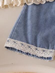 2pcs/Set Baby Girl Cute Puff Sleeve Long Sleeve Top And Straight Leg Pants With Lace Trim, Autumn - Light Wash - View 8