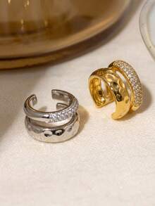 Punk Style Rhinestone Thick Round Clip-On Earrings, Gold Round Wire Texture Ear Clips, Chunky Ear Clips, Jewelry Gift - Diamond Earrings - View 2