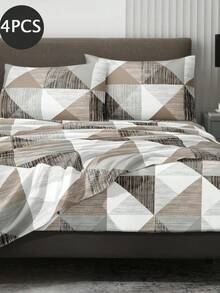 4-Piece Brown & Gray Triangle Patchwork Pattern Bedding Set, Easy Care Soft Bedding Set (1 Flat Sheet + 1 Fitted Sheet + 2 Pillowcases), Fitted Sheet Suitable For King, Queen, Full And Twin Size Beds, Pillowcase Depth 11.8 Inches, Soft Breathable Wrinkle-Resistant - Brown - View 4