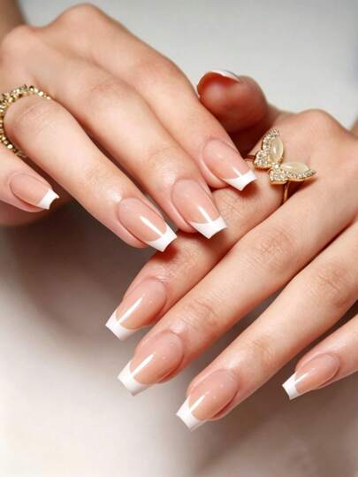 24 PCS Of French Short Oval Nail Stickers, With A Red Gradient Color, Made Of Acrylic Material, Detachable, Fully Covering, Durable And Long-Lasting. Includes 1 Sticky Sticker And 1 Mini Nail File, Suitable For Daily Wear.