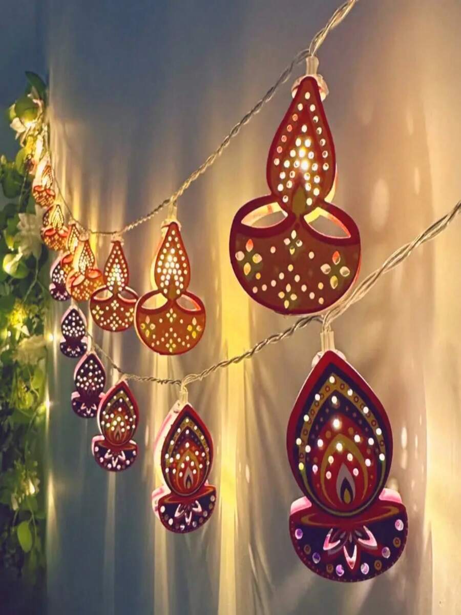 1 String Candle Lights, LED Hollow Metal Oil Lamps, Battery Powered String Lights, Suitable For Diwali Decoration, Party Decoration, Wedding Decoration, Home Decoration, Bedroom Decoration And Holiday Decoration - Candle String Lights - View 1