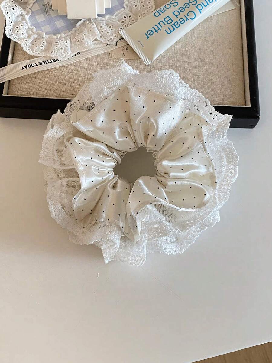 1pc Shiny Ivory Satin Fabric Hair Scrunchie With Tiny Black Polka Dots, Covered With Multi-Layer Hollow Floral Embroidered Mesh Lace, Extra Large Soft Ruffle Design, High Elastic Hair Tie, Suitable For Half-Up Hairstyles, Perfect Match For Date Outfits And Soft Light-Colored Casual Wear - White - View 1
