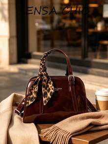 Ins Vintage Maillard Style Glossy Patent Leather Shell Mini Bag, Solid Color Structured Bag With Leopard Print Twisted Scarf, Metal Adjustable Buckle, Minimalist Elegant Girl's Handbag And Crossbody Bag - Burgundy - View 7