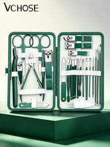 4-26pcs Stainless Steel Nail Clipper Set, Professional Multi-Function Nail Care Tools Nail Clipper Eyebrow Scissors, Manicure Tools, With PU Leather Travel Storage Box - Green - View 1
