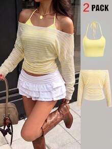 Slouchy 2 Pieces Set Top, Spaghetti Strap Strap + Striped Off-Shoulder Long Sleeve Cover-Up Set Elegant - Light Yellow - View 4