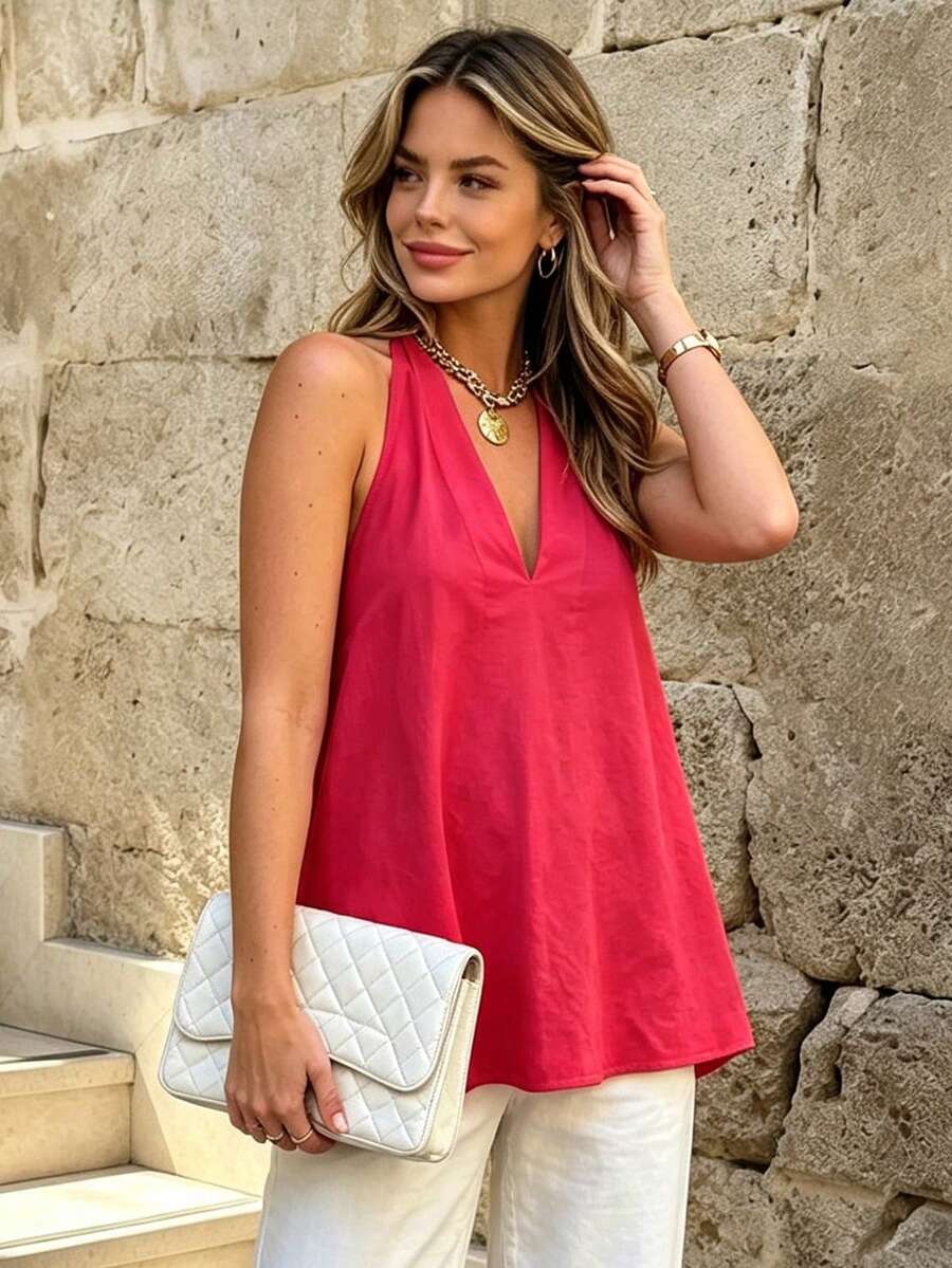 Spring/Summer Red Tie V-Neck Sleeveless Top, Minimalist Old Money Style, Suitable For Vacation, Wedding, Commute Casual - Red - View 1