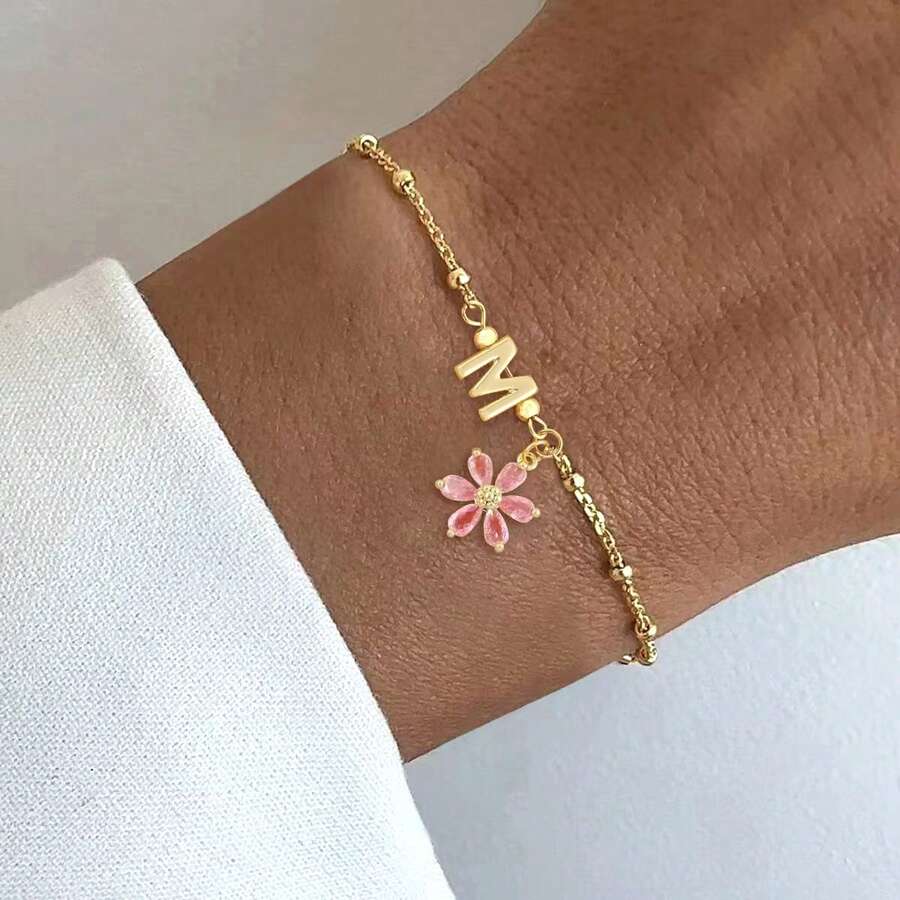 1件新款經典字母花朵金色不鏽鋼珠鏈手鍊 女款 - 金黃色 - 查看 1