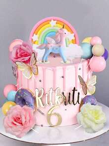 1 Set Or Single Unicorn Cake Topper, Unicorn Cake Decoration, Pink Butterfly Happy Birthday Cake Topper, Rainbow Cake Decoration, Pink & White Artificial Flowers Colorful Foam Ball Cake Decoration, Suitable For Baptism, Gender Reveal, Anniversary, Wedding, Birthday Party Cake Decoration (Please Use With Tray And White Stick) - Multicolor - View 4