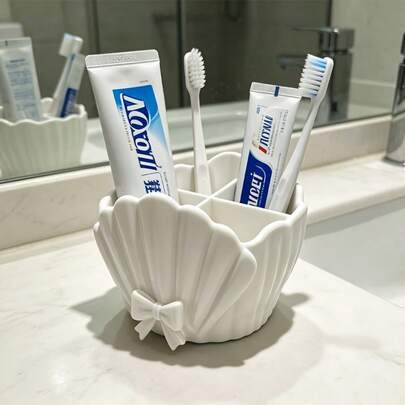 Bows And Lace Shell-Shaped Four-Section Toothbrush Holder. Bathroom Washbasin Toothpaste And Makeup Brush Compartmentalized Storage Box. Multi-Functional 3D Printed Desktop Small Miscellaneous Items Classification Storage Basket For Home Use.
