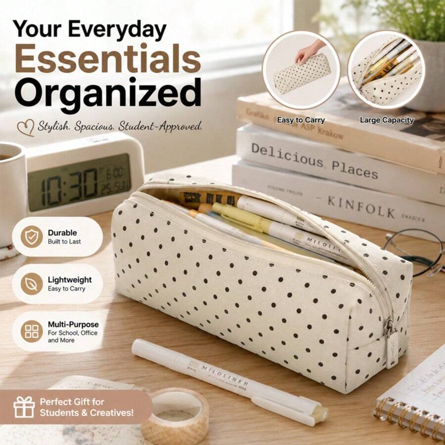 1pc Polka Dot Minimalist Pencil Case, Large Capacity Stationery Storage Bag, Zippered Pencil Box, Office School Desktop Makeup Small Item Organizer, Back To School Essential - A - View 1