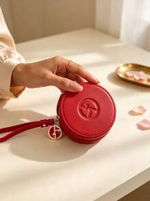 紅色圓形拉鍊化妝包附手腕帶，經典 Logo，便攜式化妝品收納包，適合日常旅行使用 ARMANI-GIFT-74 - 紅色 - 查看 6