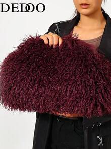 Dedoo Women's Cloud Clutch Bag, Solid Color Long Curly Faux Fur, Magnetic Closure, Portable, Avant-Garde Y2K Style, Suitable For Party And Date, Autumn/Winter Women's Style - Burgundy - View 3