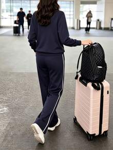 女款秋季休閒運動風拼色條紋側邊長袖T恤＋寬鬆寬腿長褲套裝，返校季 - 藏青色 - 查看 5