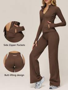 TimeOff Women's One Set Autumn/Winter Solid Color Small Stand Collar Zipper Jacket With Thumb Holes And Side Pockets, Butt-Lifting Flared Pants 2 Pieces Set - Chocolate Brown - View 1