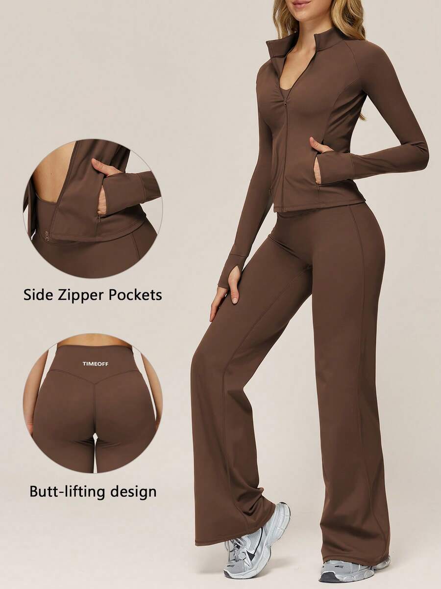 TimeOff Women's One Set Autumn/Winter Solid Color Small Stand Collar Zipper Jacket With Thumb Holes And Side Pockets, Butt-Lifting Flared Pants 2 Pieces Set - Chocolate Brown - View 1