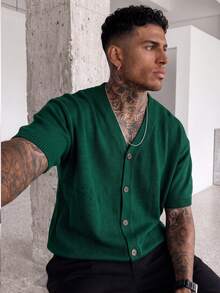 Men's Casual Loose Solid Color Knit Cardigan, Elegant Texture Slouchy High Street V-Neck Button Front Short Sleeve Sweater Jacket, Spring/Summer - Green - View 4