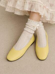 Soft Pale Yellow Solid Color Round Toe Flat Shoes, Soft Surface Slip-On Casual Versatile Women's Shoes, Fresh Fashion Flat Shoes - Yellow - View 3