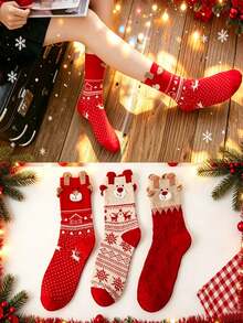 1/3/6 Pairs Of Women's Socks - Multi-Color Cartoon Reindeer 3D Design Fleece Polka Dot Texture Contrast Christmas Soft And Comfortable Mid-Calf Casual Socks For All Seasons - Multicolor - View 3