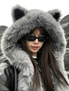 Women's Thick Fleece Scarf Hat With Fox Ears, Windproof Warm Neck Warmer, Face-Slimming Beanie For Autumn And Winter - A - View 1