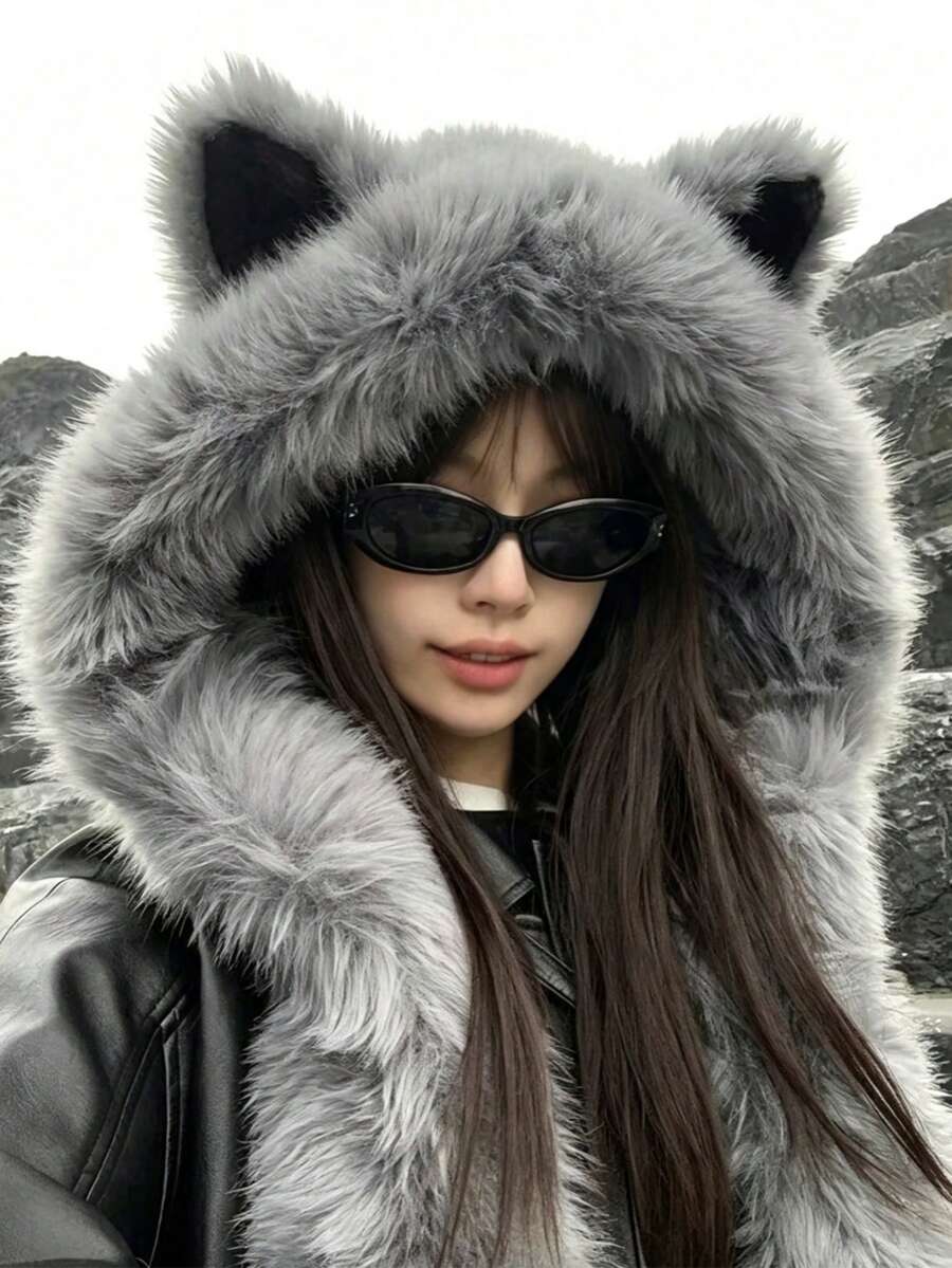 Women's Thick Fleece Scarf Hat With Fox Ears, Windproof Warm Neck Warmer, Face-Slimming Beanie For Autumn And Winter - A - View 1