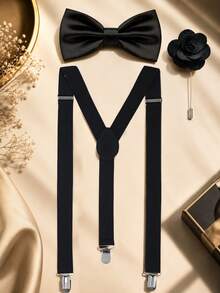 1SET (3pcs) Elastic Suspenders With Bow Tie And Brooch Combination, Adjustable Straps, Solid Color Bow Tie And Brooch Set - Black - View 1