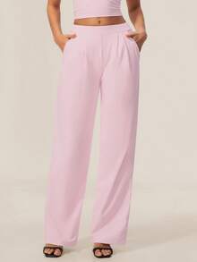 TimeOff Women's 1pc Solid Color Autumn/Winter Pleated Front Side Pocket Straight Leg Wide Leg Pants - Pink - View 8