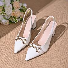 European And American Fashion Plus Size Women's Elegant Slingback Pointed Toe Metal Square Buckle High Heel Sandals - White - View 1