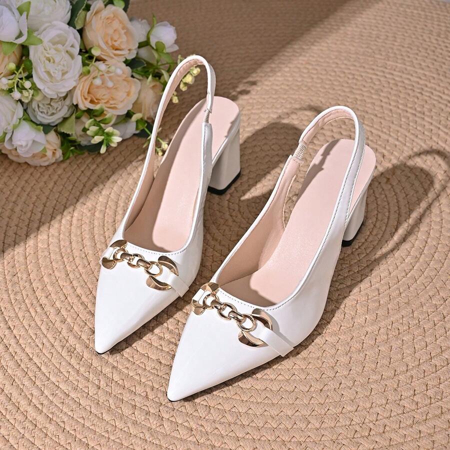 European And American Fashion Plus Size Women's Elegant Slingback Pointed Toe Metal Square Buckle High Heel Sandals - White - View 1