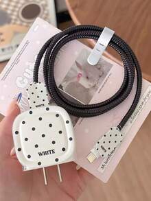1組經典時尚清新黑白波點充電線保護套組，相容Apple 20W/18W充電頭，防摔線材保護套，線材收納整理，適用 17 16 15 14 13 12 11手機20W充電適配器 - 黑色波點 - 查看 1