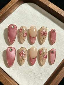 qihangxin 10pcs Handmade Press-On Nails Long/Medium Purple-Red Glass Cat Eye 3D Gold Edge Red Flower Rhinestone Embellished Gold Trim Autumn Style French Almond Shape With Tool Kit Suitable For Daily Wear And Holiday Gift - Red Violet - View 3
