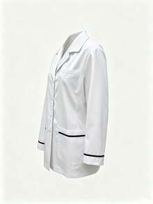 Contrast Color Lapel Long Sleeve Multi-Pocket White Lab Coat, Women's All-Season Professional Fashion Commute Work Jacket, Laboratory Beauty Salon Work Uniform Top - White - View 3