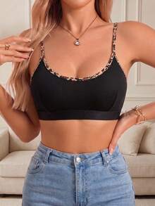Comfortable Fashionable Charming Wireless Bra With Back Strap Contrast Leopard Print No Padding Ultra Short Top - Black - View 3