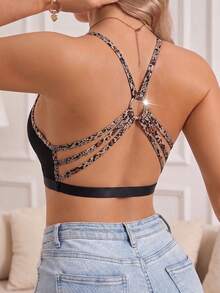 Comfortable Fashionable Charming Wireless Bra With Back Strap Contrast Leopard Print No Padding Ultra Short Top - Black - View 4