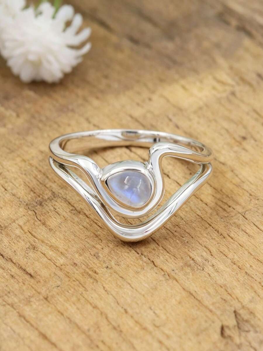 ZHIXUN 1pc Minimalist Design Shiny Synthetic Moonstone Women's Ring, Suitable For Daily Office, Garden Picnic And Cozy Date Night - Ring - View 1