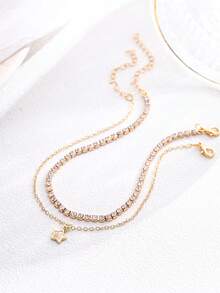 Nooxian 2pcs/Set Minimalist Vacation Style Five-Point Star Pendant Anklet Layered Rhinestone Studded Anklet Set For Women - Yellow Gold - View 5