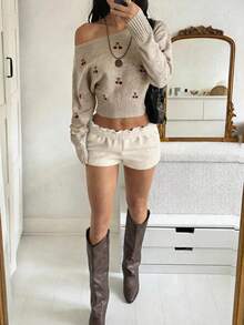 Women's Sexy One-Shoulder Knitted Sweater, Cherry Embroidered Long Sleeve Cropped Pullover, Soft Knit Top For Casual Street, Date And Commute Outfits - Camel - View 4