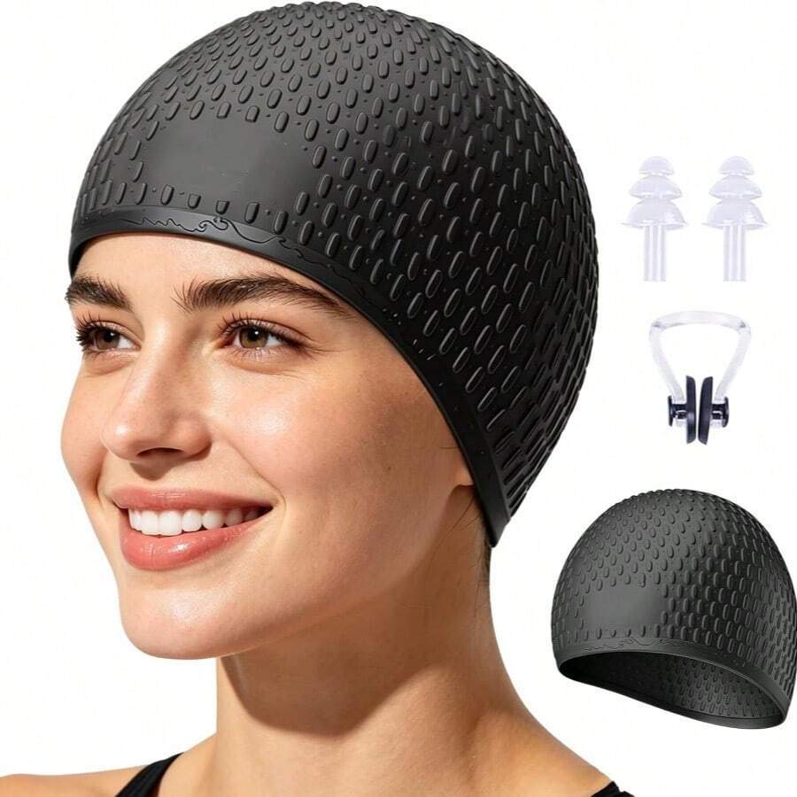 Unisex Silicone Swim Cap, Comfortable Bath Cap For Men And Women, Keeps Hair Dry While Swimming, Suitable For Curly, Short And Medium-Length Hair - Multicolor - View 1