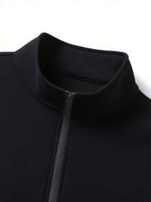 Men's Autumn/Winter Casual Versatile Minimalist Cross Print Commute Patchwork Loose Drop Shoulder Zip-Up Polo Shirt - Black - View 3
