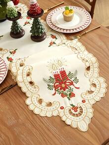 1pc Christmas Candle And Poinsettia Embroidered Table Runner, Hollow Carved Design, Vintage Christmas Table Decor, Suitable For Dinner Party, Family Gathering, Home Holiday Decoration - Multicolor - View 19