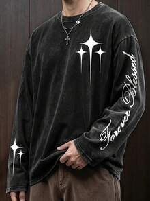 [Minimalist] Men's Gothic Pattern Long-Sleeve T-Shirt - Comfortable Crew Neck Top, Suitable For All Seasons, Casual Wear, Fashionable Street Style. - Black - View 1