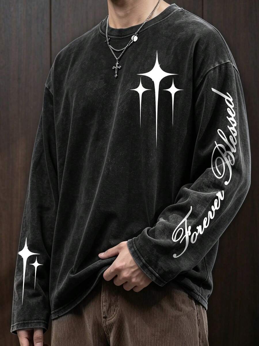 [Minimalist] Men's Gothic Pattern Long-Sleeve T-Shirt - Comfortable Crew Neck Top, Suitable For All Seasons, Casual Wear, Fashionable Street Style. - Black - View 1