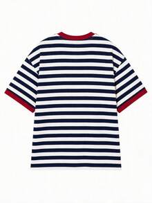Striped Print Oversized Loose Fit Short Sleeve T-Shirt, Casual Vacation For Women Summer - Navy Blue - View 4